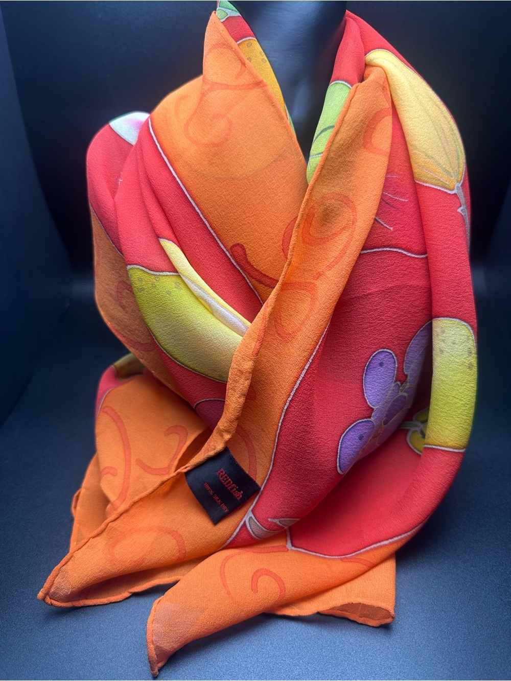 REDfish Hand-Painted Silk Scarf — Fruit Motif, Red & Orange